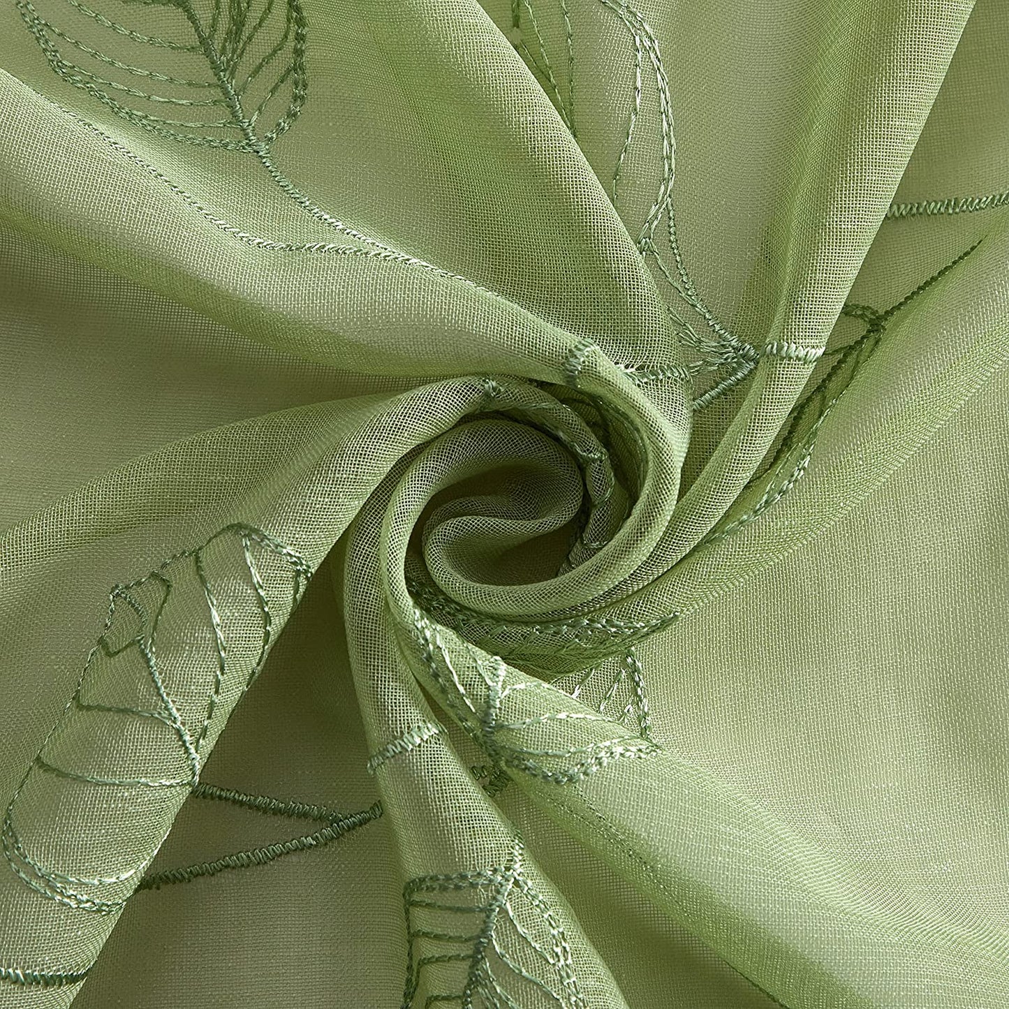 2 Pieces Green Sheer Curtains, Embroidered Semi Sheer Grommet Floral Leaf Window Curtains & Drapes for Living Room Kitchen Bedroom Curtains