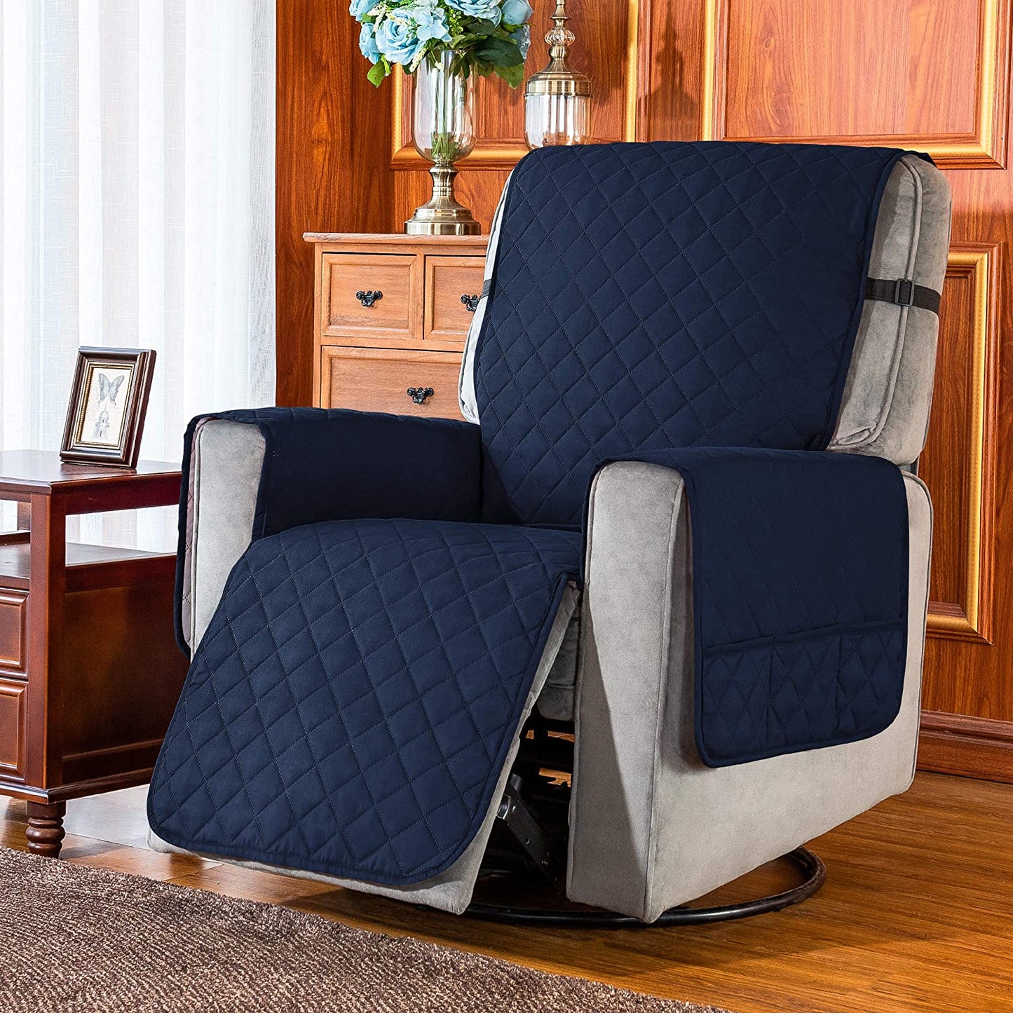Recliner Chair Covers Fitted Recliner Sofa Slipcovers Reversible Washable Recliner Chair Protector with Elastic Adjustable Strap, Navy/White