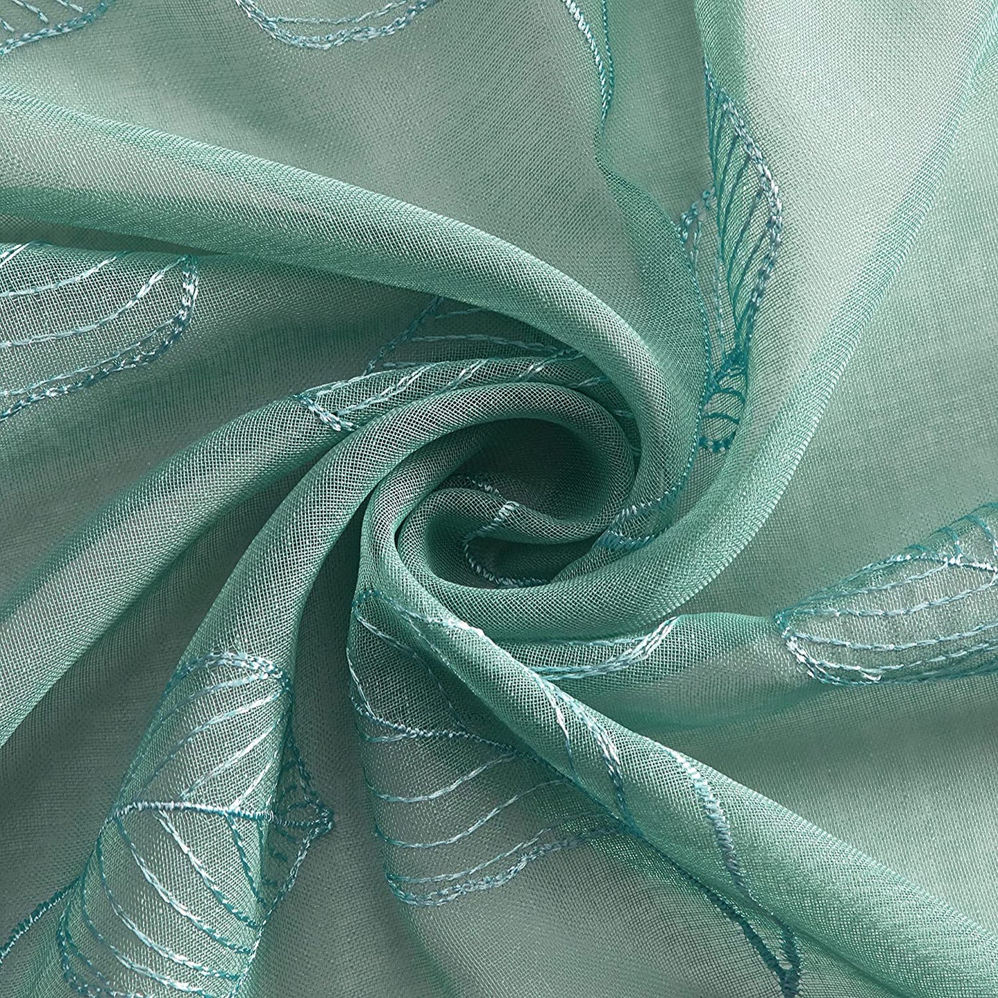 2 Pieces Tuequoise Blue Sheer Curtains, Embroidered Semi Sheer Grommet Floral Leaf Window Curtains & Drapes for Living Room Kitchen Bedroom Curtains