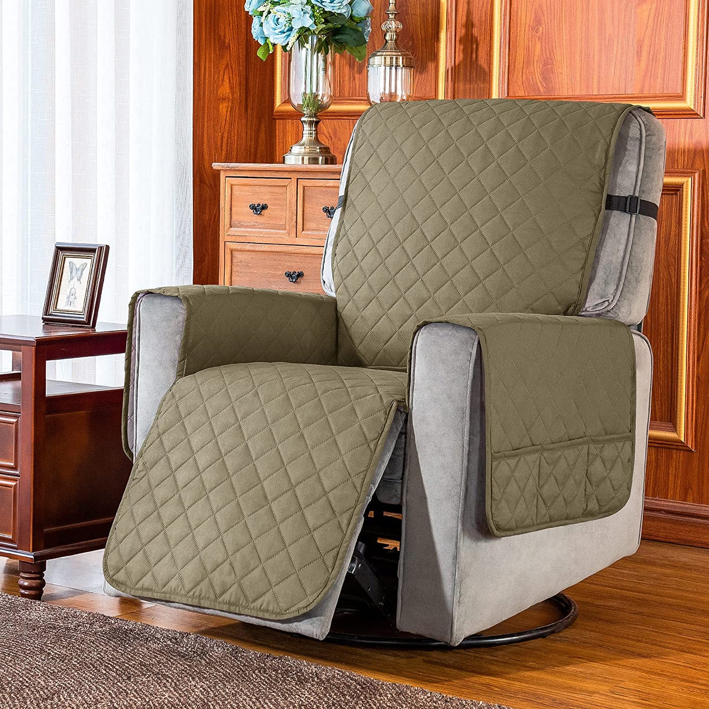 Recliner Chair Covers Fitted Recliner Sofa Slipcovers Reversible Washable Recliner Chair Protector with Elastic Adjustable Strap, Taupe/White