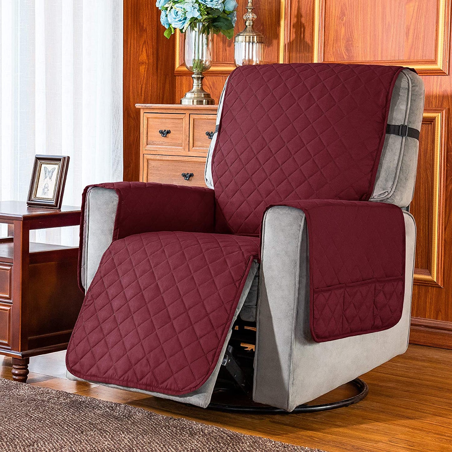 Recliner Chair Covers Fitted Recliner Sofa Slipcovers Reversible Washable Recliner Chair Protector with Elastic Adjustable Strap, Wine/White