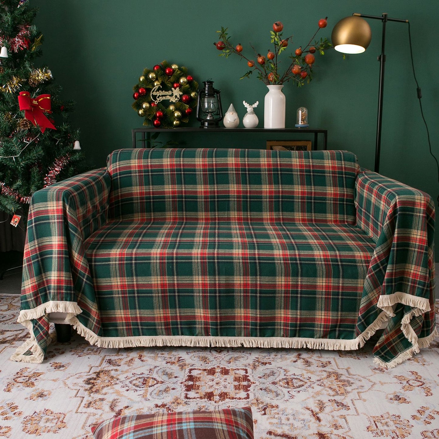 Couch Cover  Green Retro Plaid Slipcovers for  Sofa Throw Cover for 1/2/3 Seater Cushion Couch Sofa  Covers