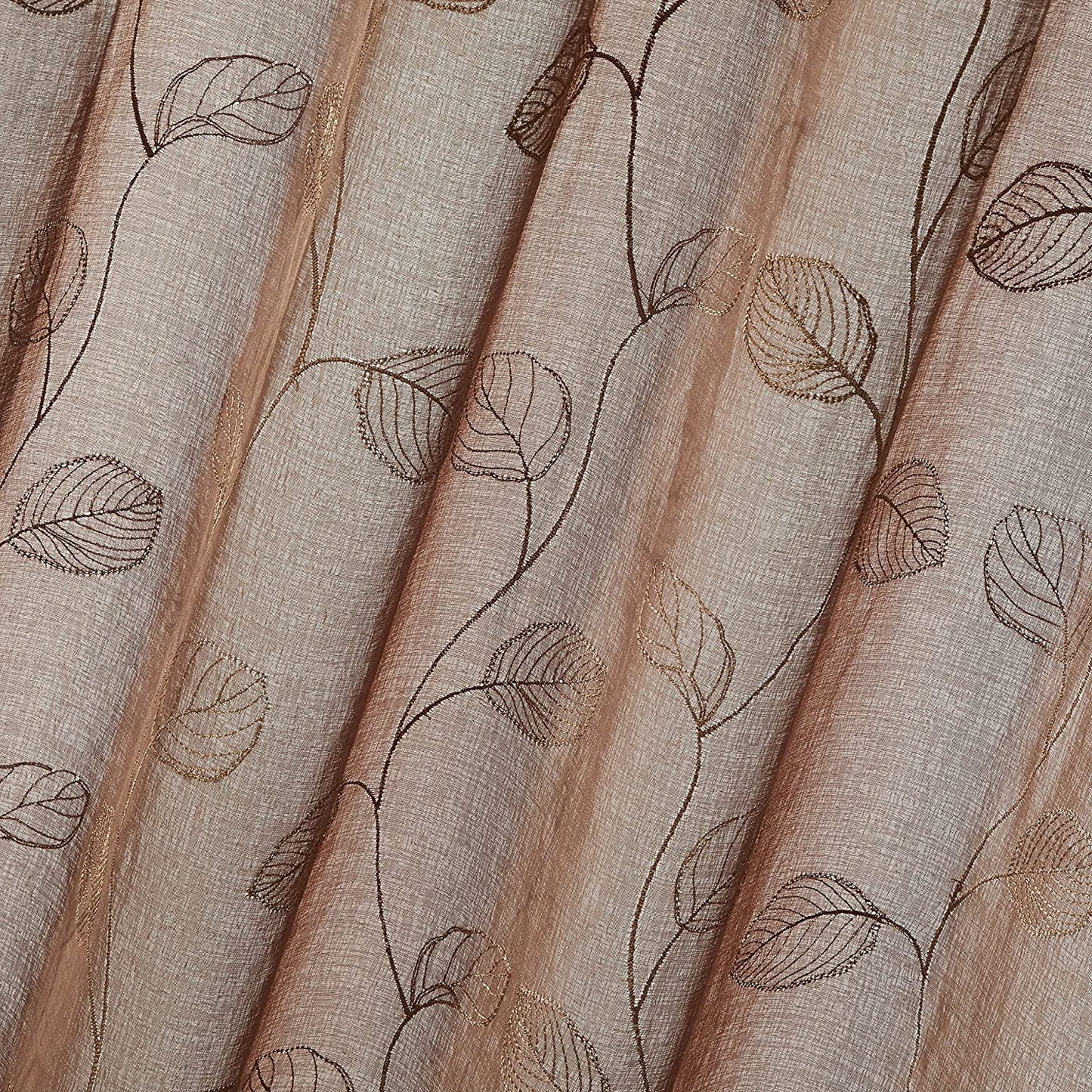 2 Pieces Brown Sheer Curtains, Embroidered Semi Sheer Grommet Floral Leaf Window Curtains & Drapes for Living Room Kitchen Bedroom Curtains