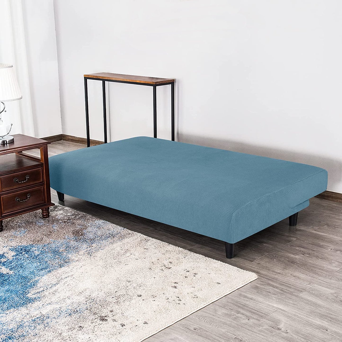 Stretch Armless Sofa Slipcover Futon Cover with Elastic Bottom, Smoky Blue