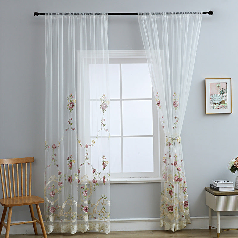 2x Sheer Curtains Fresh Floral Embroidered Curtain Drape Countryside Style Rod Pocket Top