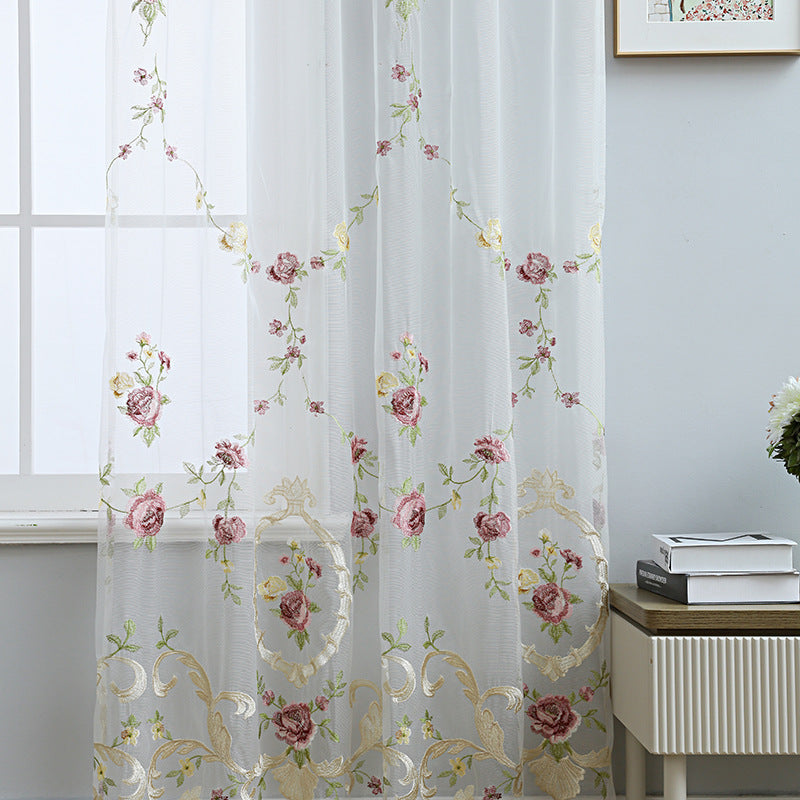 2x Sheer Curtains Fresh Floral Embroidered Curtain Drape Countryside Style Rod Pocket Top