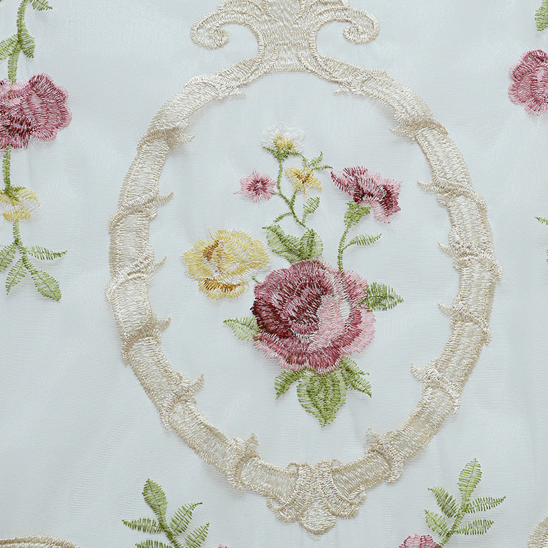 2x Sheer Curtains Fresh Floral Embroidered Curtain Drape Countryside Style Rod Pocket Top