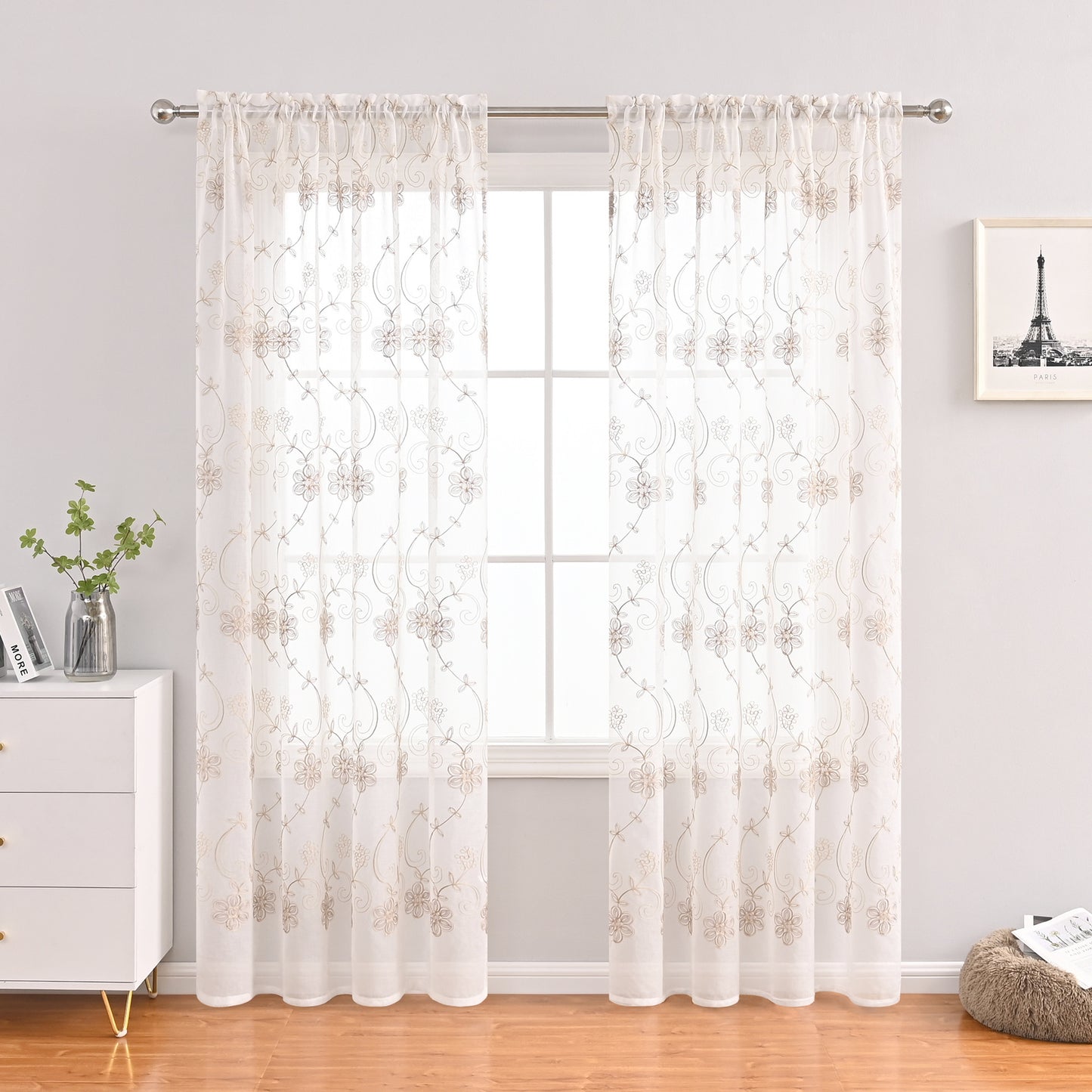 2x Embroidered White Sheer Curtains for Living Room Voile Embroidery Floral and Leaf