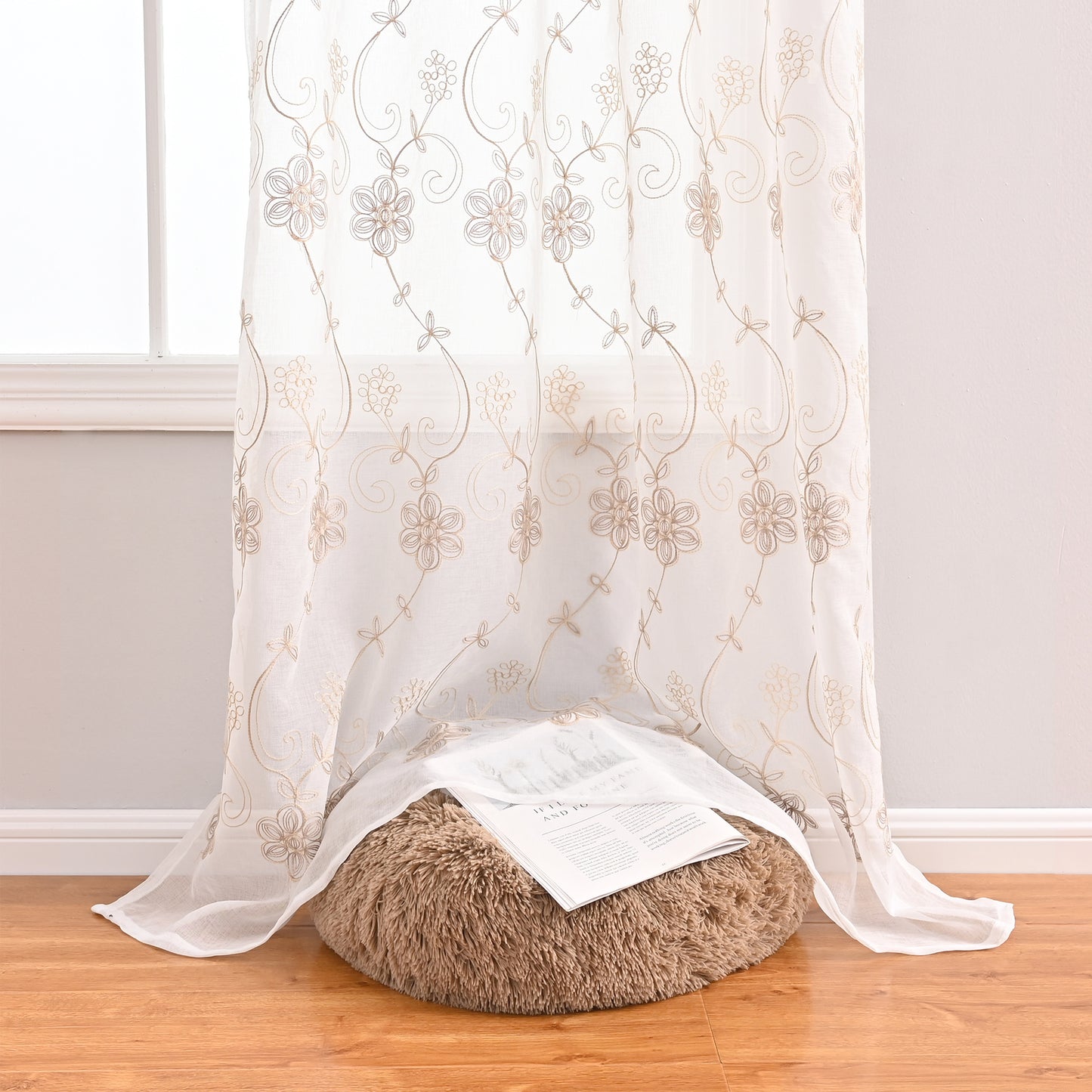 2x Embroidered White Sheer Curtains for Living Room Voile Embroidery Floral and Leaf