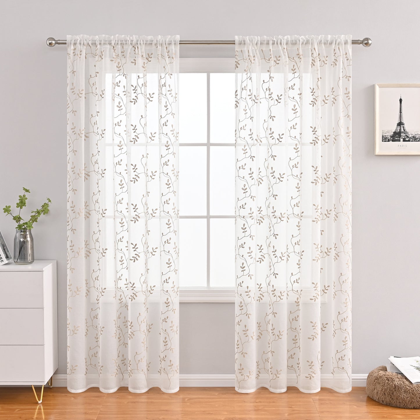 2x Embroidered White Sheer Curtains Panels Voile Embroidery Leaf