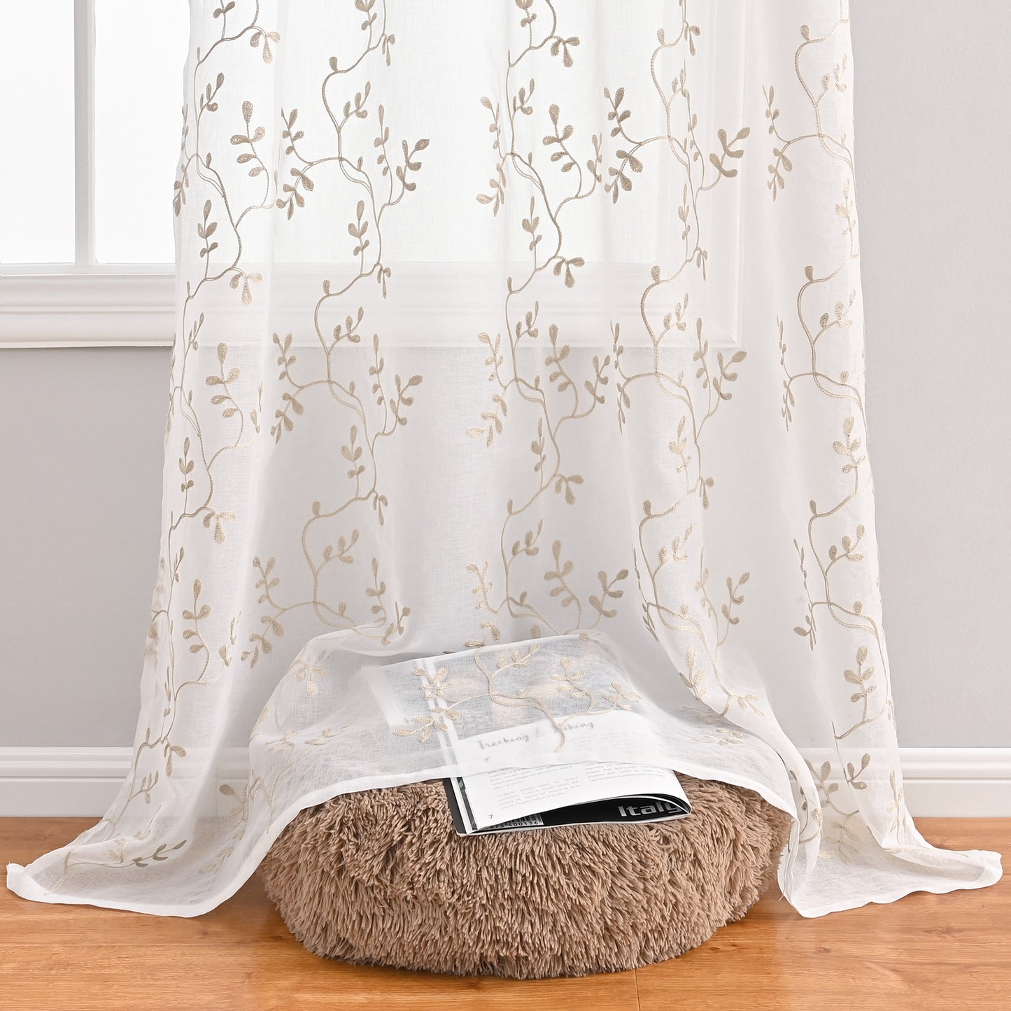 2x Embroidered White Sheer Curtains Panels Voile Embroidery Leaf