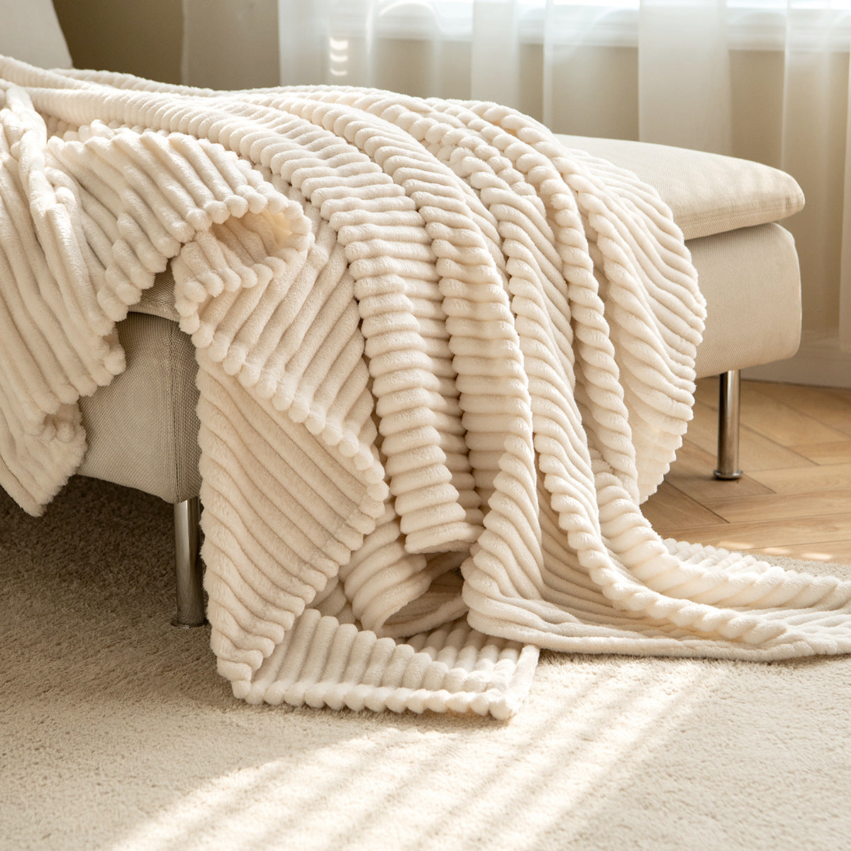 Fleece Throw Blanket with Stripe Pattern for Bed Sofa Chair Throw, Cream
