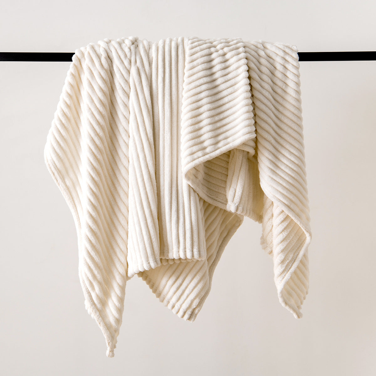 Fleece Throw Blanket with Stripe Pattern for Bed Sofa Chair Throw, Cream