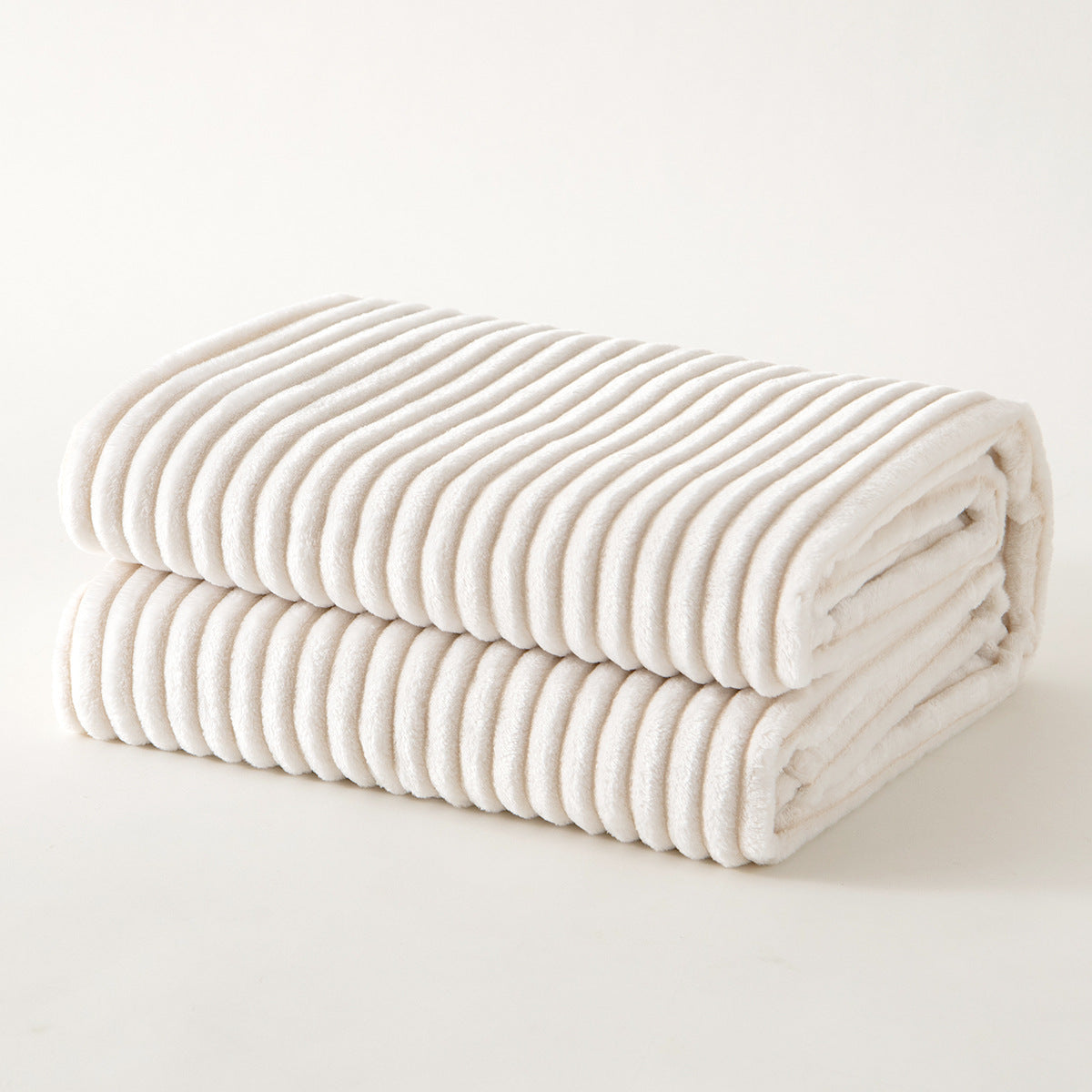 Fleece Throw Blanket with Stripe Pattern for Bed Sofa Chair Throw, Cream