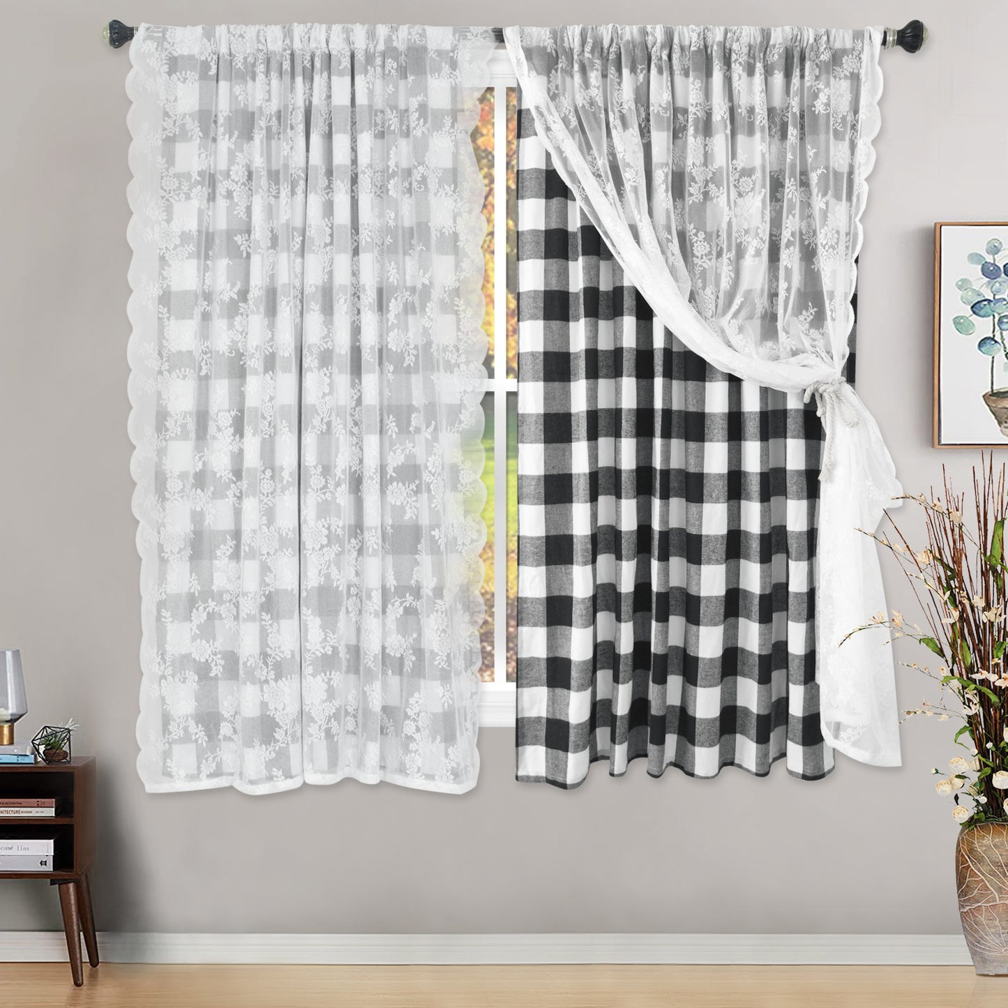 Buffalo Check Plaid Window Curtain Panels with Lace Panel