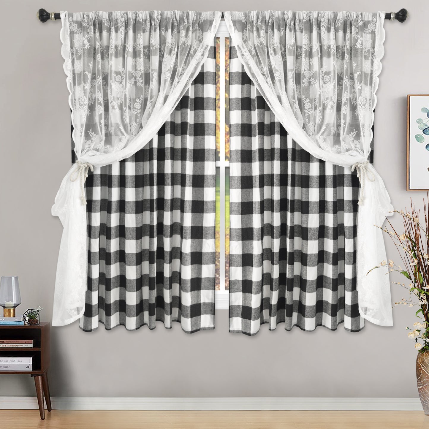 Buffalo Check Plaid Window Curtain Panels with Lace Panel