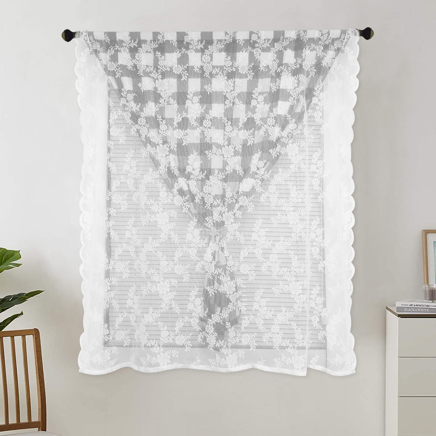 Buffalo Check Plaid Window Curtain Panels with Lace Panel