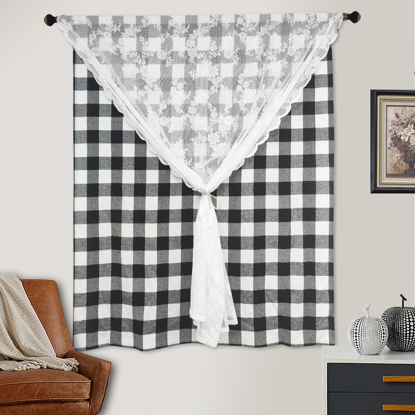 Buffalo Check Plaid Window Curtain Panels with Lace Panel
