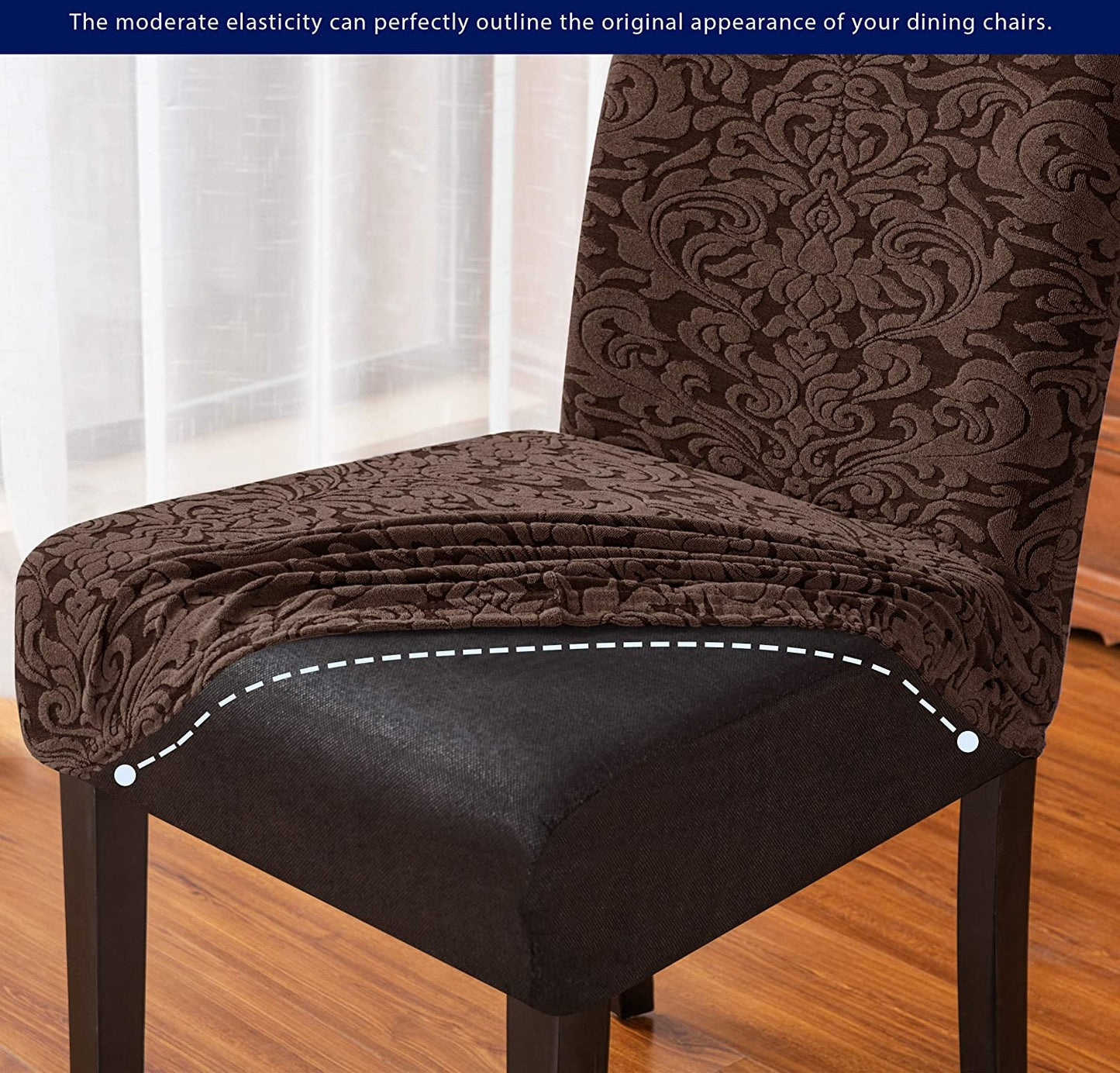 Jacquard Damask Dining Chair Slipcovers Stretch High Back Chair Protector for Kitchen (2/4/6/8pcs, Brown)