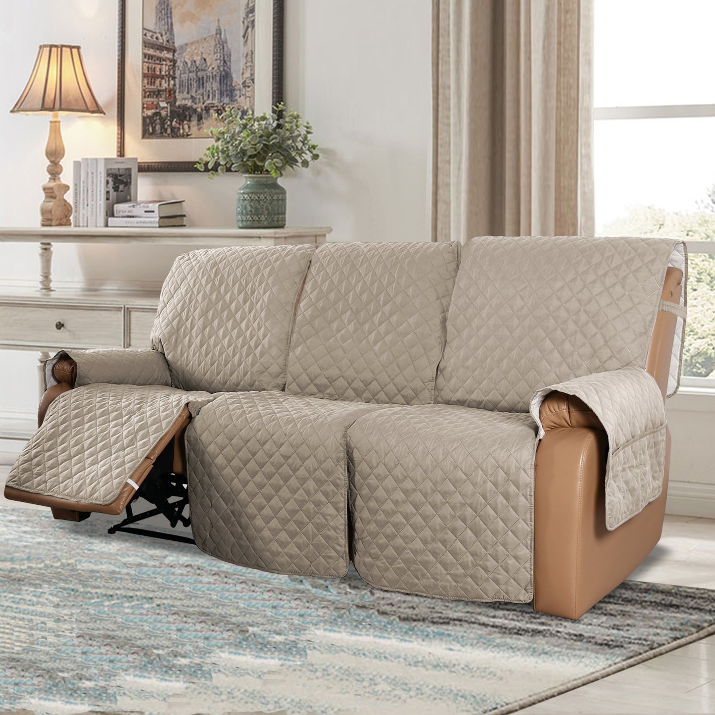 Recliner Sofa Cover for 1/2/3 Seater with Pocket, Slipcovers Reversible Washable Elastic Adjustable Strap for home,Sand