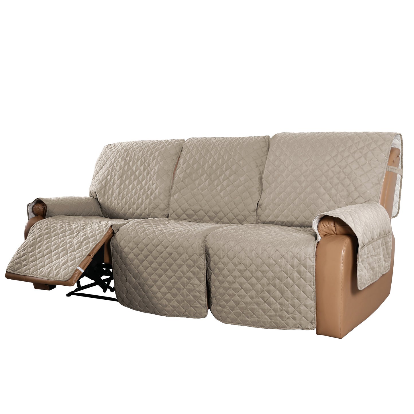 Recliner Sofa Cover for 1/2/3 Seater with Pocket, Slipcovers Reversible Washable Elastic Adjustable Strap for home,Sand