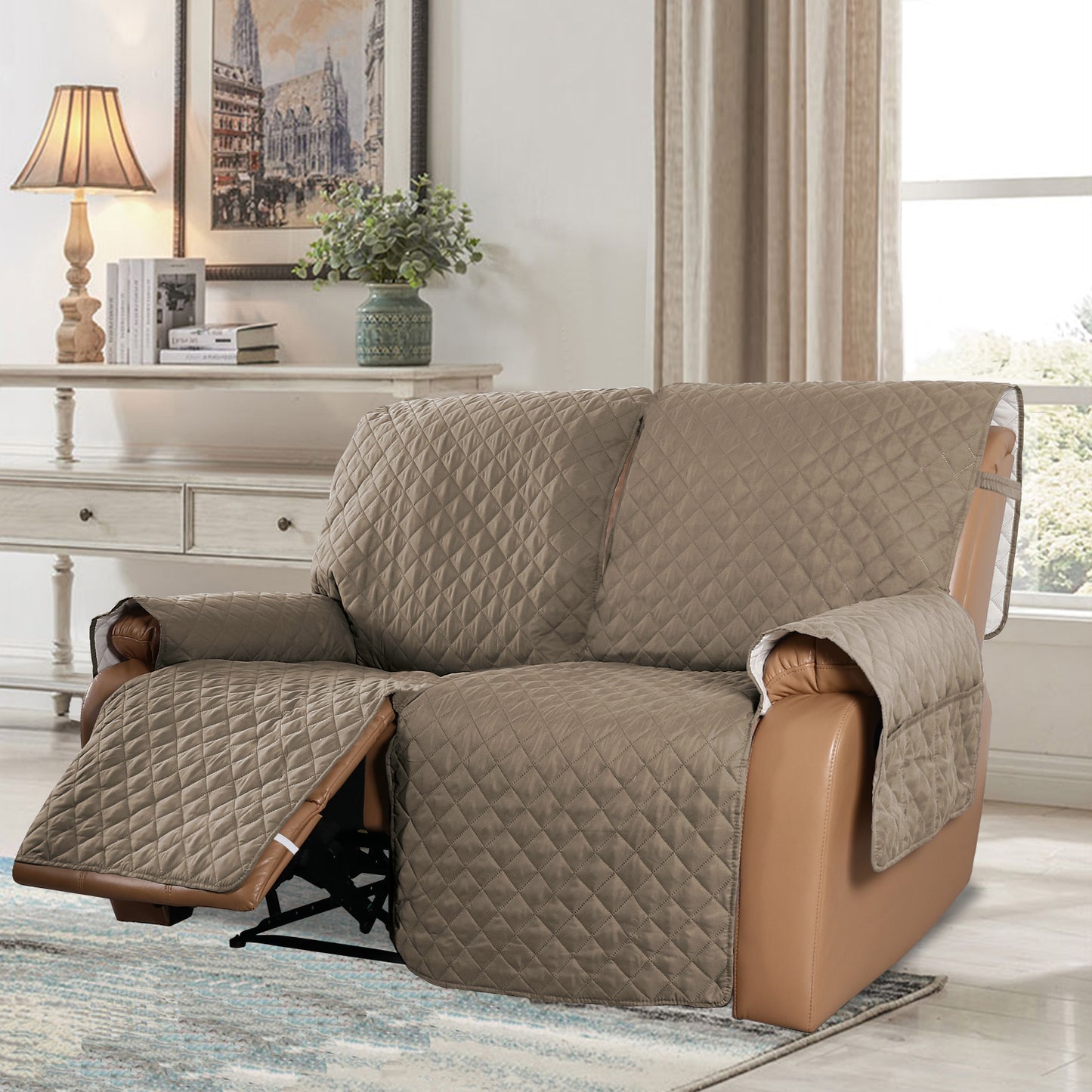 Recliner Sofa Cover with Pocket, Slipcovers Reversible Washable Elastic Adjustable Strap for home(2 Seater,Taupe)