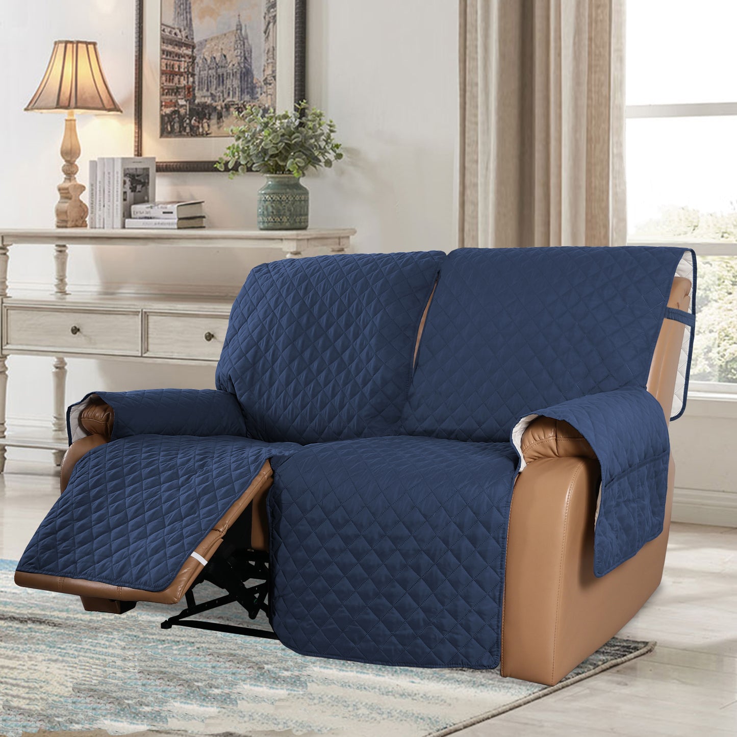 Recliner Sofa Cover with Pocket, Slipcovers Reversible Washable Elastic Adjustable Strap for home(2 Seater,Navy)