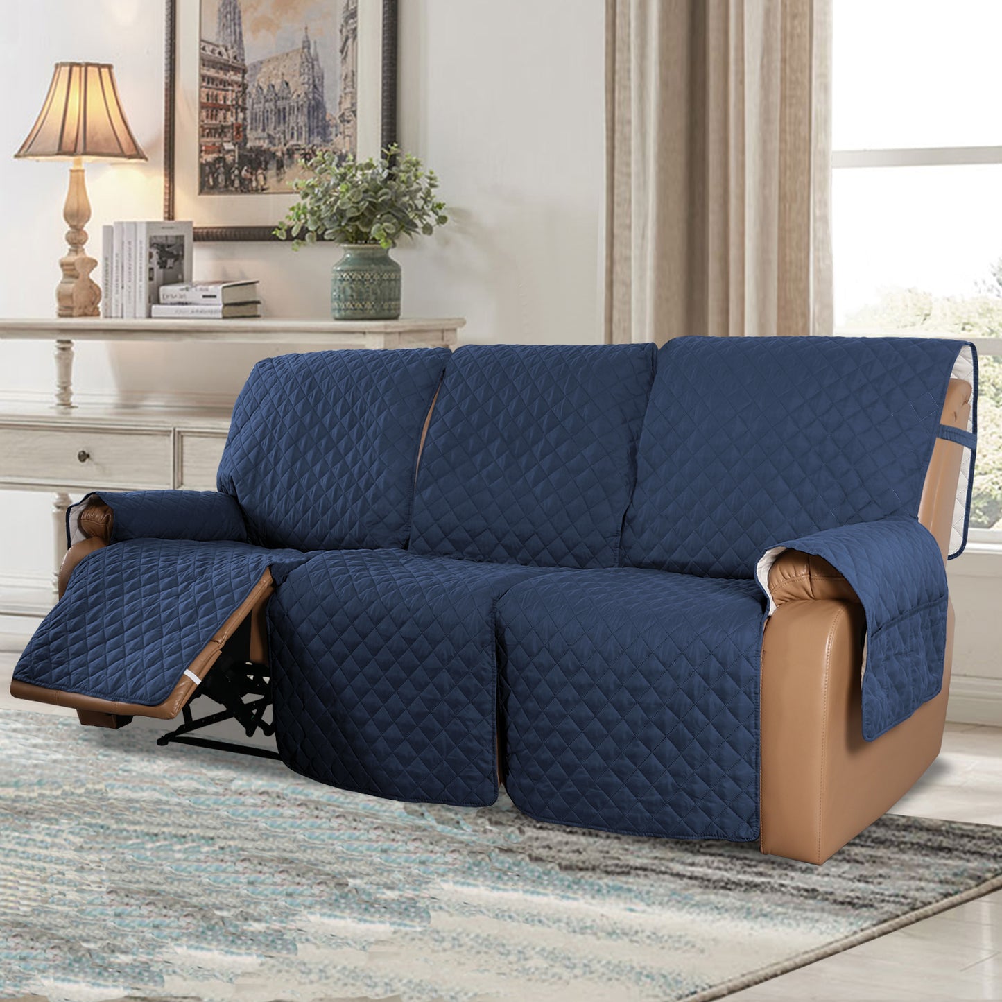 Recliner Sofa Cover with Pocket, Slipcovers Reversible Washable Elastic Adjustable Strap for home(3 Seater,Navy）