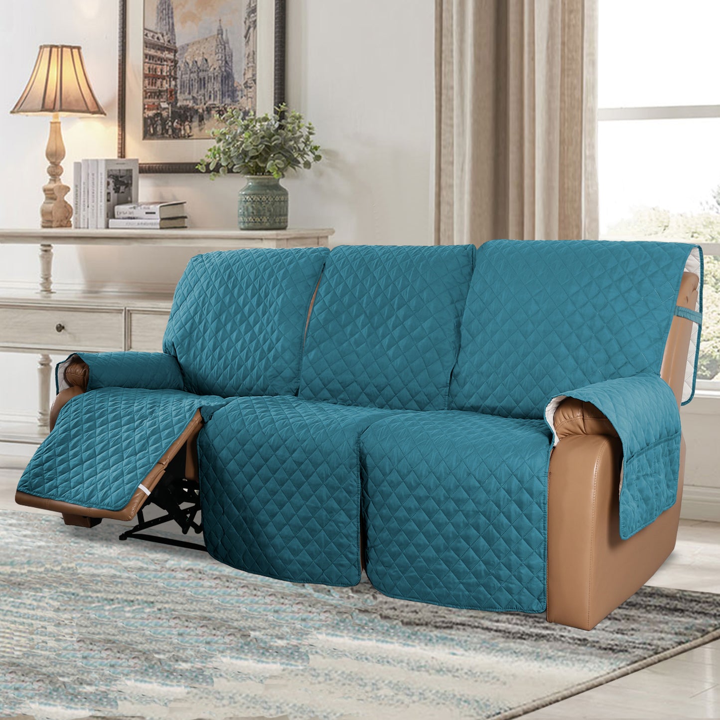 Recliner Sofa Cover with Pocket, Slipcovers Reversible Washable Elastic Adjustable Strap for home(3 Seater,Teal）