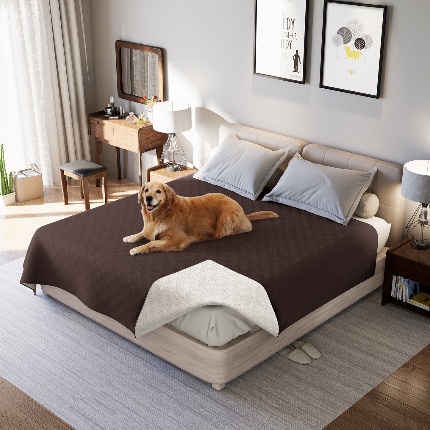 Waterproof Dog Bed Cover Pet Blanket with Anti-Slip Back for Furniture Bed Couch Sofa-Brown