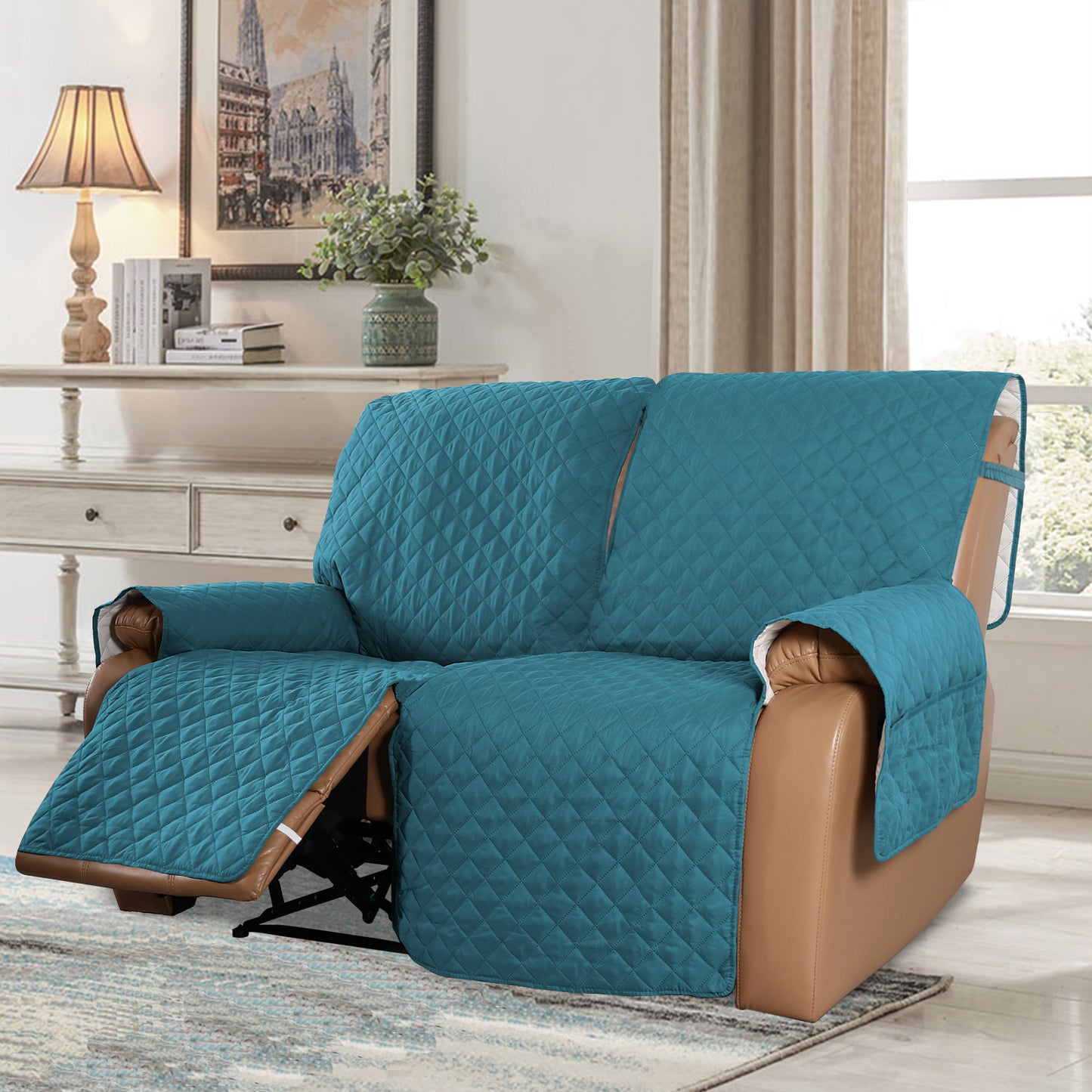 Recliner Sofa Cover with Pocket, Slipcovers Reversible Washable Elastic Adjustable Strap for home(2 Seater ,Teal)
