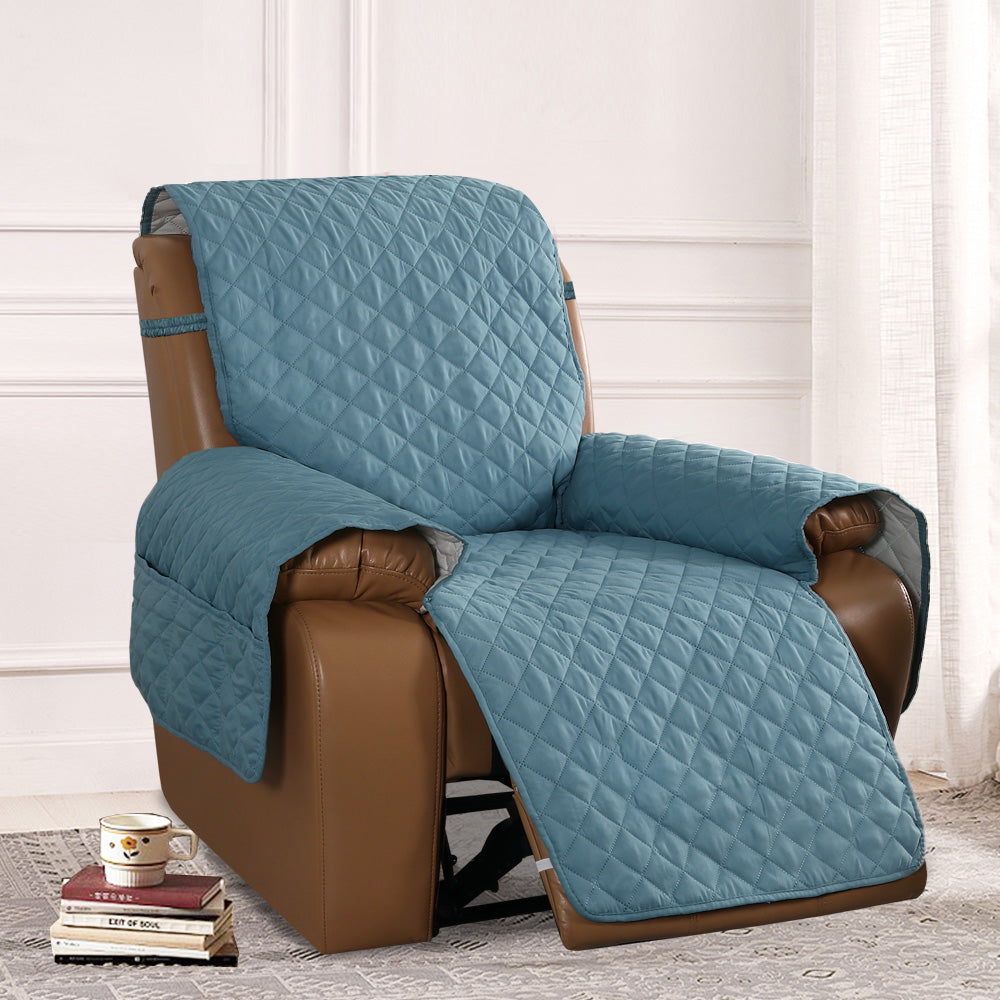 Recliner Sofa Cover with Pocket, Slipcovers Reversible Washable Elastic Adjustable Strap for home(1 Seater,Gray Blue)