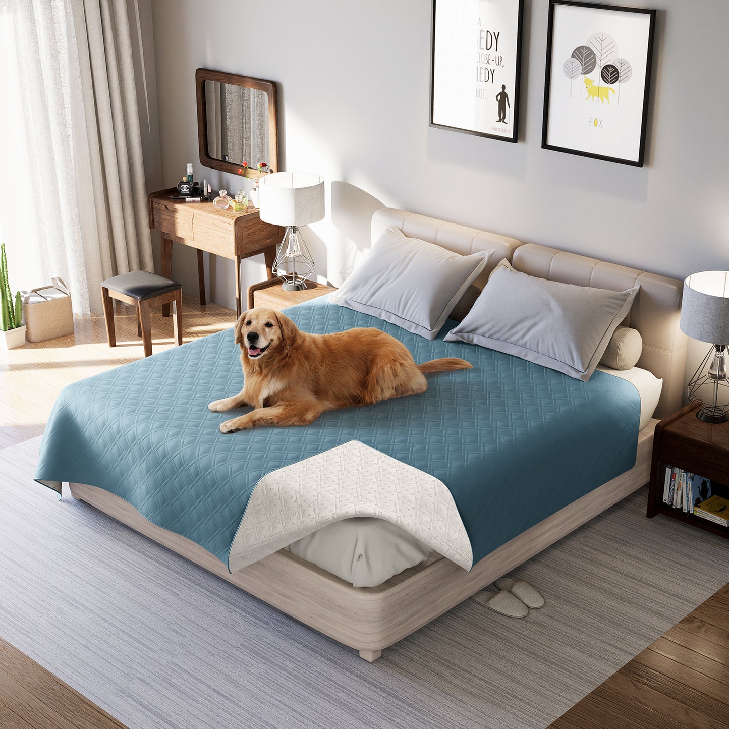 Waterproof Dog Bed Cover Pet Blanket with Anti-Slip Back for Furniture Bed Couch Sofa-Turquoise