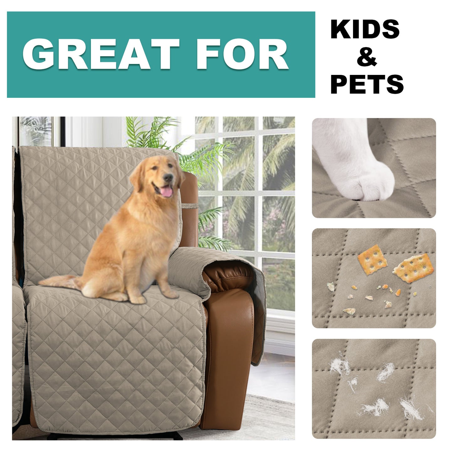 Recliner Sofa Cover for 1/2/3 Seater with Pocket, Slipcovers Reversible Washable Elastic Adjustable Strap for home,Sand