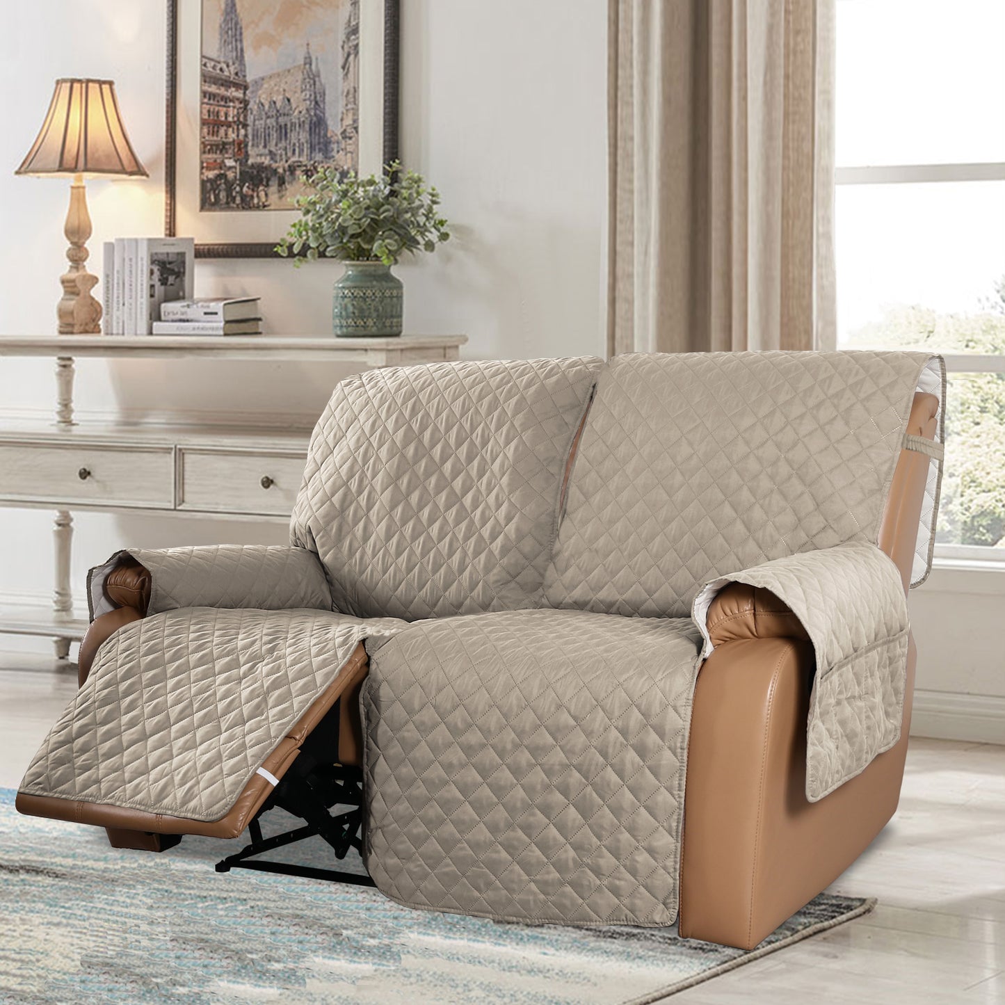 Recliner Sofa Cover with Pocket, Slipcovers Reversible Washable Elastic Adjustable Strap for home(2 Seater ,Sand)